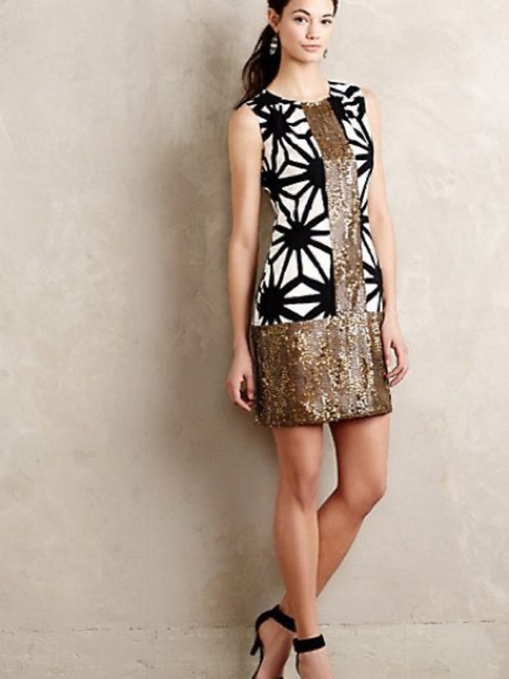 Tabitha for Anthropologie Black and Cream Geometric Dress with Gold Sequin Panel